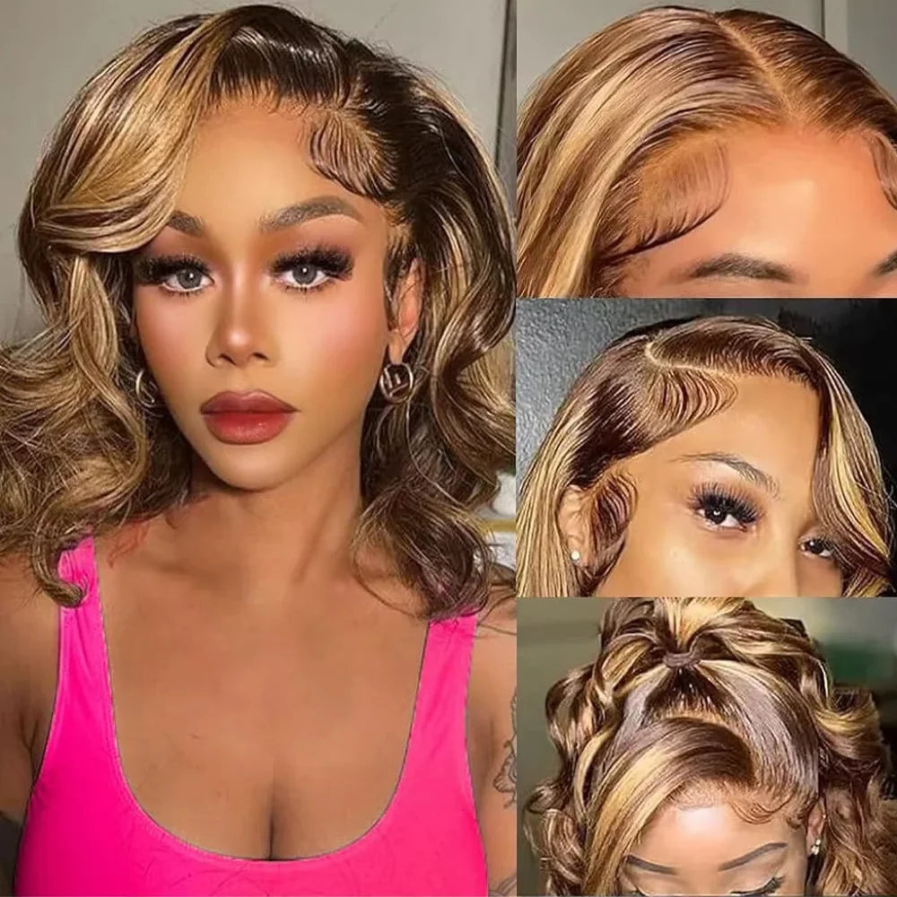Highlight 4/27 Colored Bob Wig 360 Transparent Lace Wig Human Hair For Women