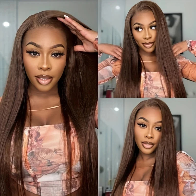 Colored #4 Brown High Density Transparent Lace Straight 360 Lace Human Hair Wigs