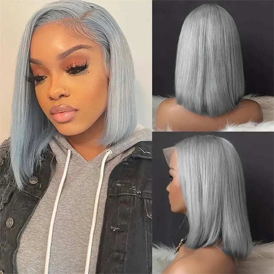 Short Bob Human Hair 13x4 Transparent Lace Front Wig Grey Colored Wigs Bleached Knots