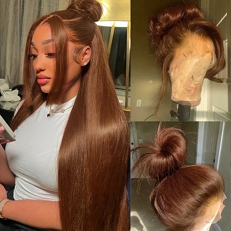 Colored #4 Brown High Density Transparent Lace Straight 360 Lace Human Hair Wigs