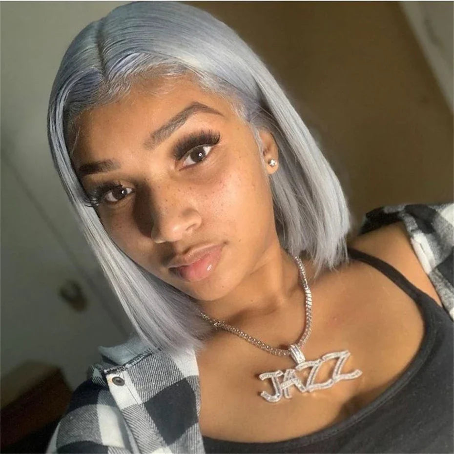 Short Bob Human Hair 13x4 Transparent Lace Front Wig Grey Colored Wigs Bleached Knots