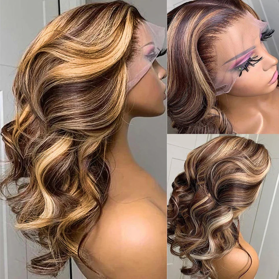 Highlight 4/27 Colored 180 Density Transparent Lace 13x4  Body Wave Lace Front Human Hair Wigs Pre Plucked