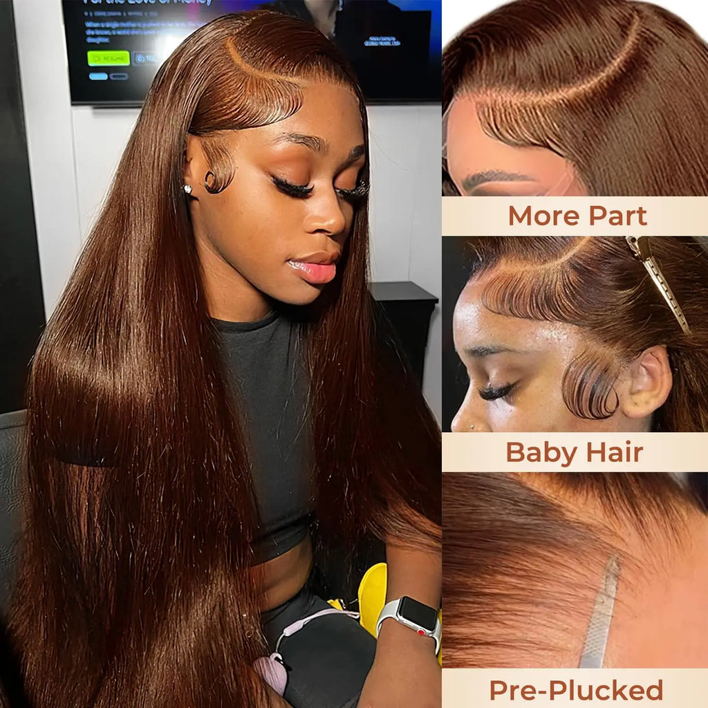 Colored #4 Brown High Density Transparent Lace Straight 360 Lace Human Hair Wigs