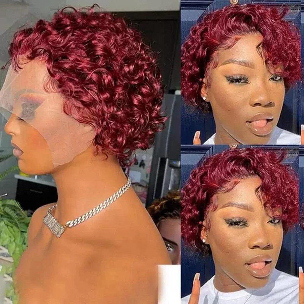Pixie Cut Wig 99J Color 13x4 Transparent Lace Front Human Hair Wig