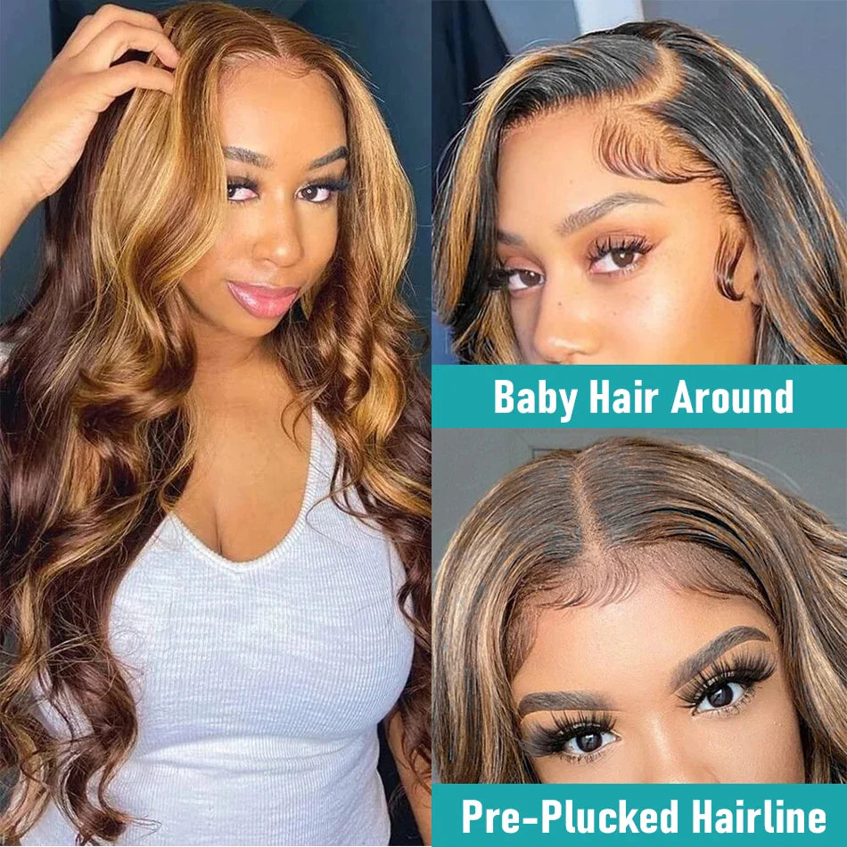 Highlight 4/27 Colored 180 Density Transparent Lace 13x4  Body Wave Lace Front Human Hair Wigs Pre Plucked